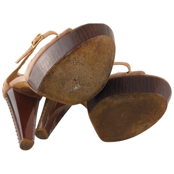 Jimmy Choo Laser Cut Blush Pink Suede Peeptoe Lucite & Wood Platform Heels Sz 7 - Picture 10 of 10